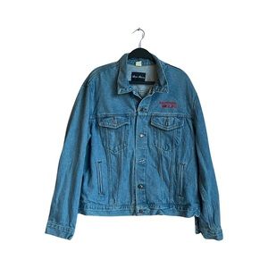 three rivers vintage embroidered “asylum” blue denim jean jacket size large